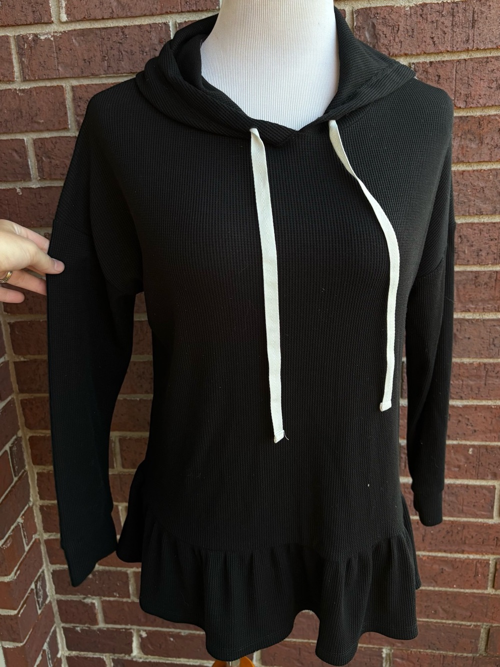 Time and Tru Black Hooded Ruffle-Hem Sweatshirt with Cream Drawstrings